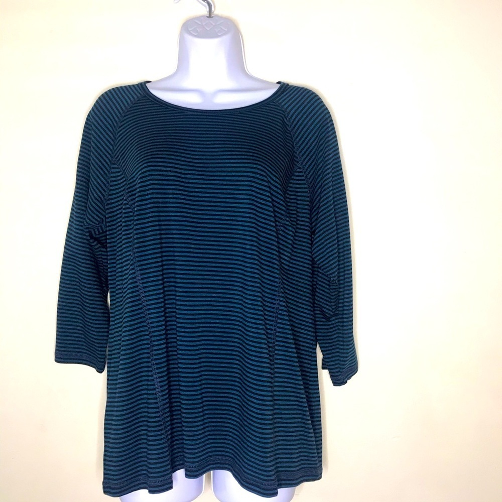 Blue and black striped 3/4 sleeve scoop neck top